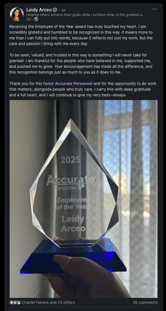 Leidy Arceo's LinkedIn post after winning Accurate's Employee of the Year award at AP Palooza 26