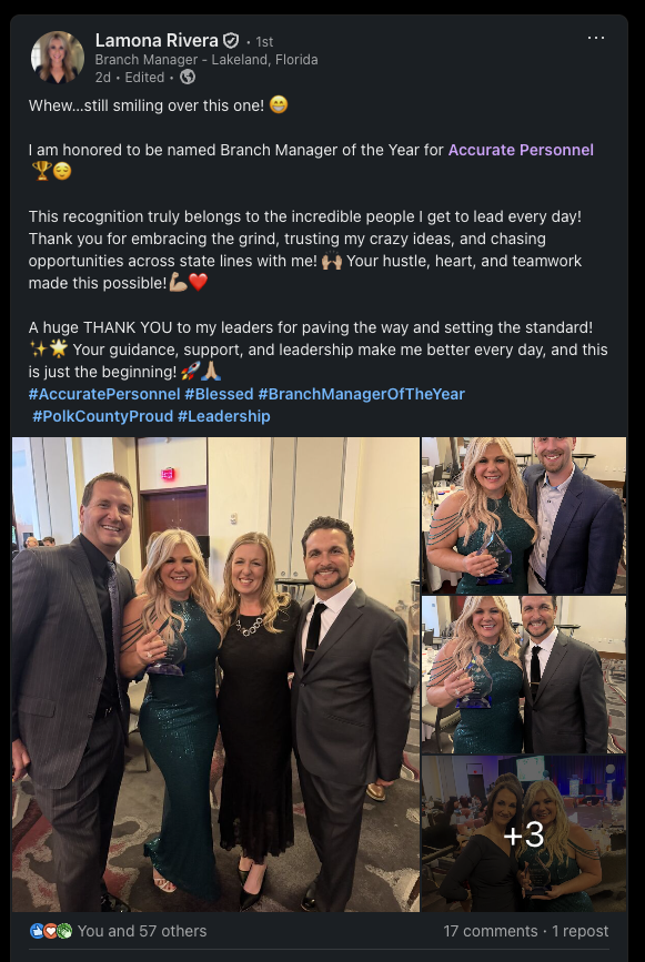 Lamona Rivera's LinkedIn post after winning Accurate's Branch Manager of the Year award at AP Palooza 26